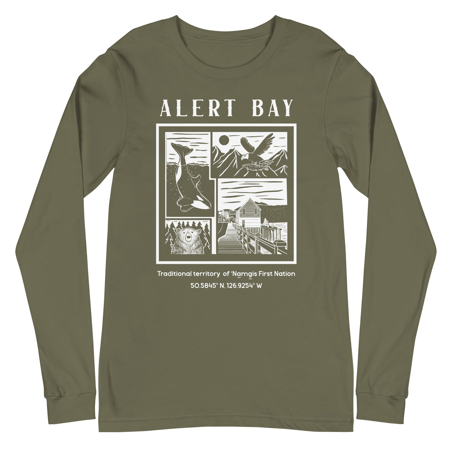 Design of Alert Bay - Unisex Long Sleeve Tee , the colour is Military Green