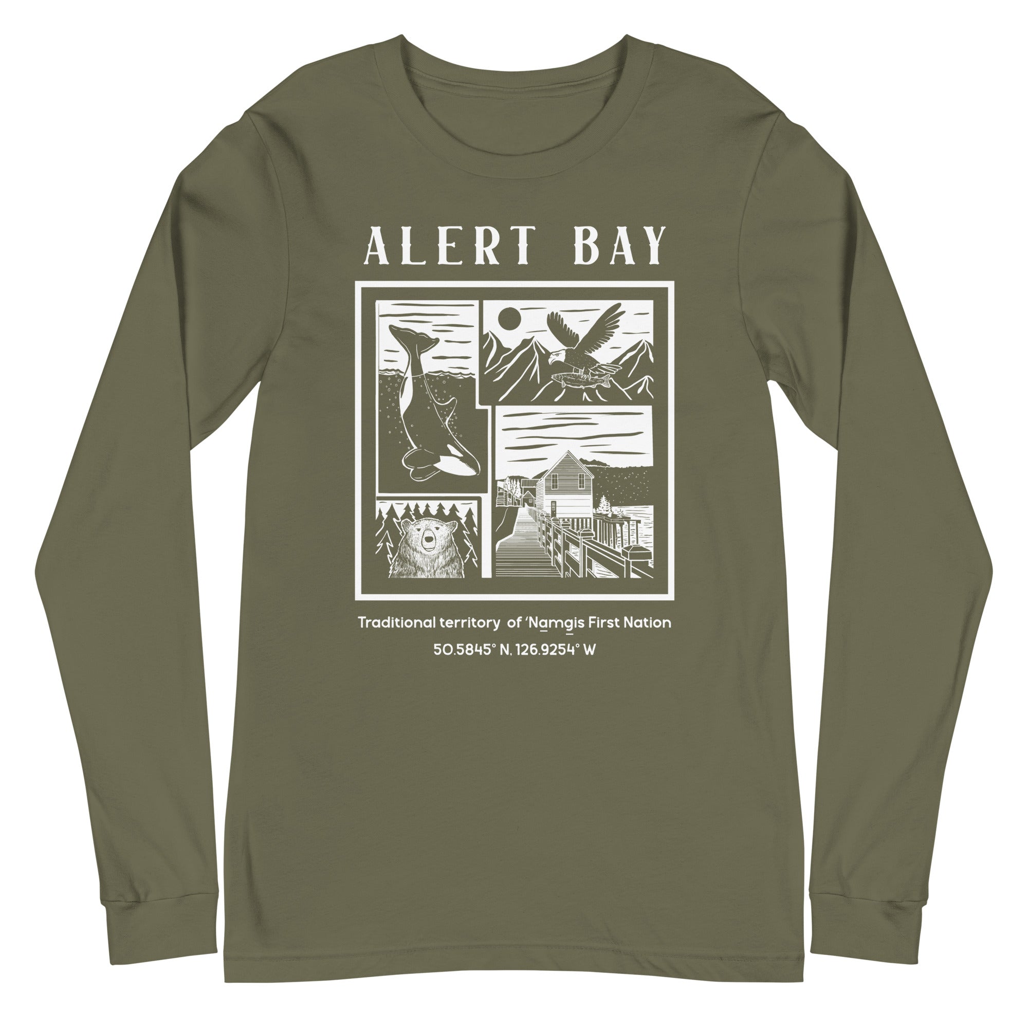 Design of Alert Bay - Unisex Long Sleeve Tee , the colour is Military Green