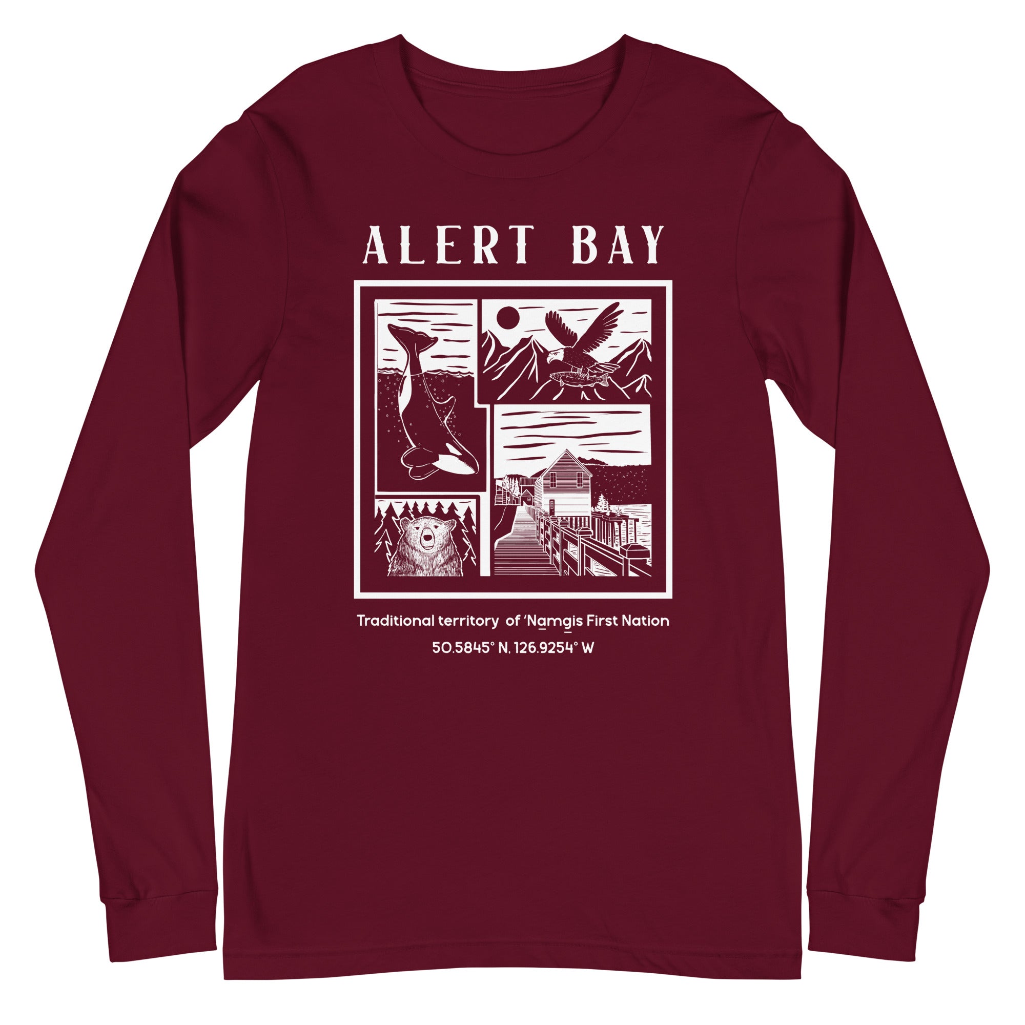 Design of Alert Bay - Unisex Long Sleeve Tee , the colour is Maroon