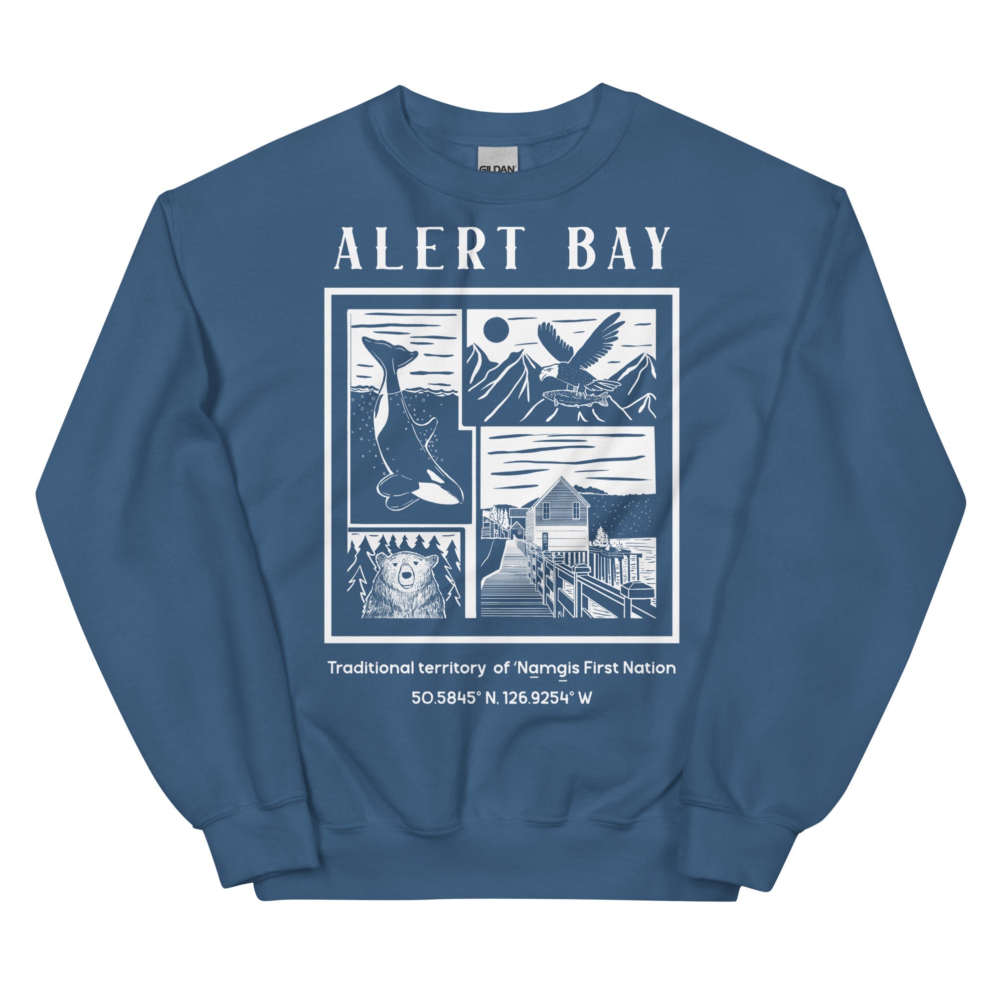 Design of Alert Bay - Unisex Sweatshirt , the colour is Indigo Blue