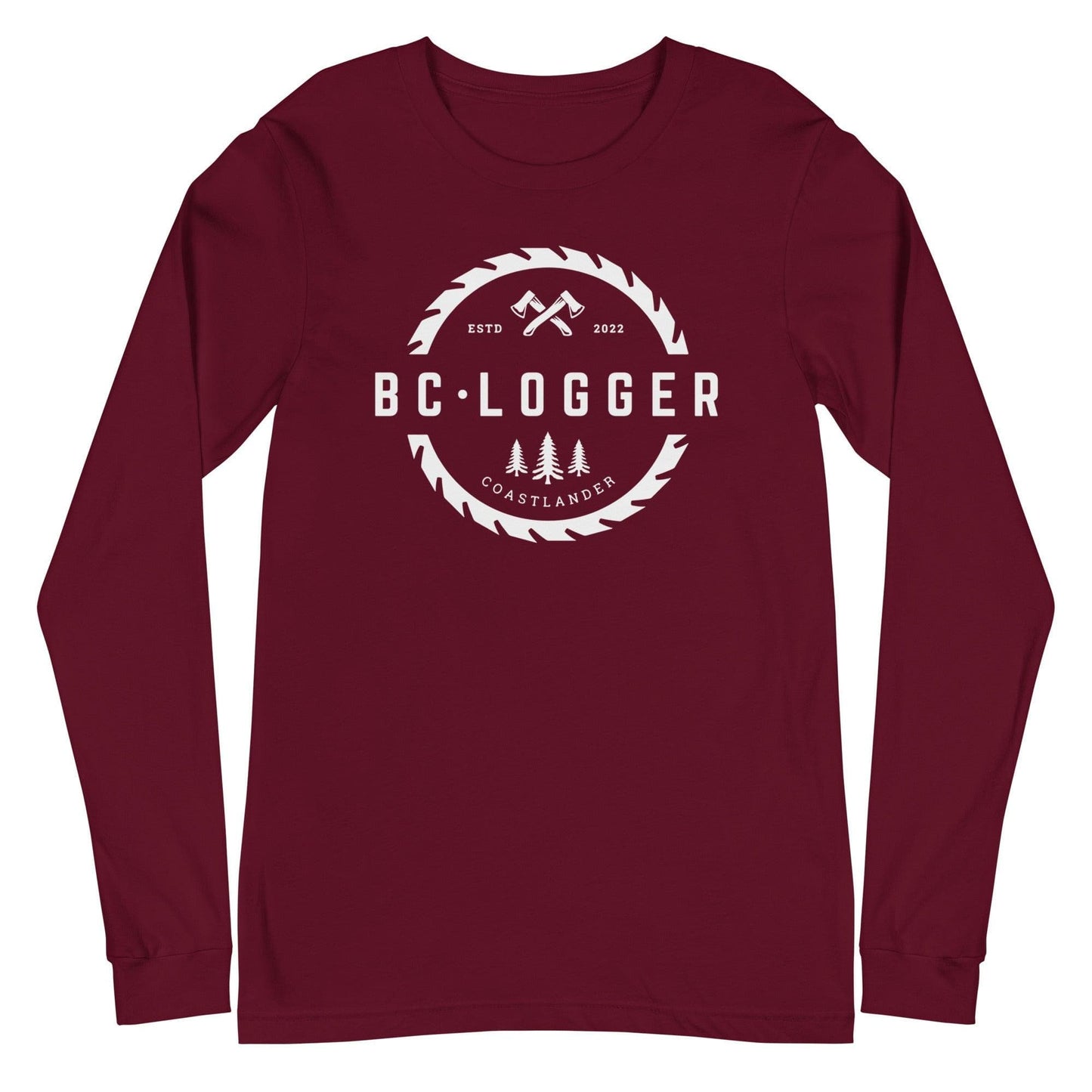Design of BC Logger - Unisex Long Sleeve Tee - North Island Home Delivery , the colour is Maroon