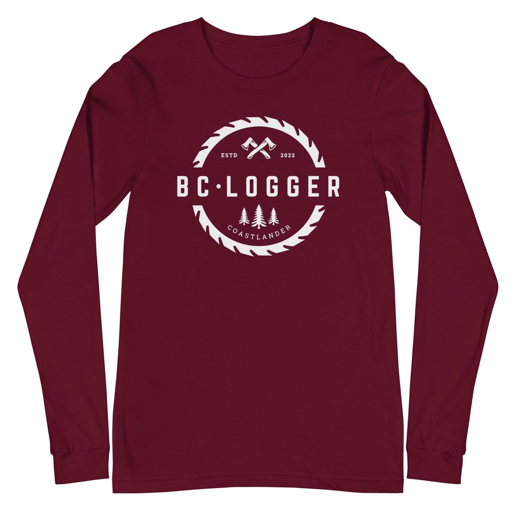 Design of BC Logger - Unisex Long Sleeve Tee - North Island Home Delivery , the colour is Maroon