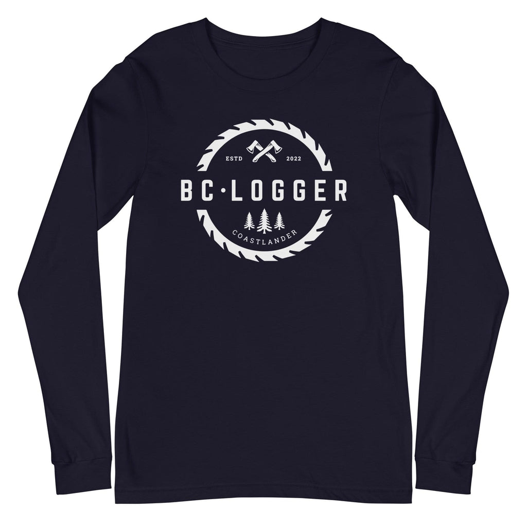 Design of BC Logger - Unisex Long Sleeve Tee - North Island Home Delivery , the colour is Navy