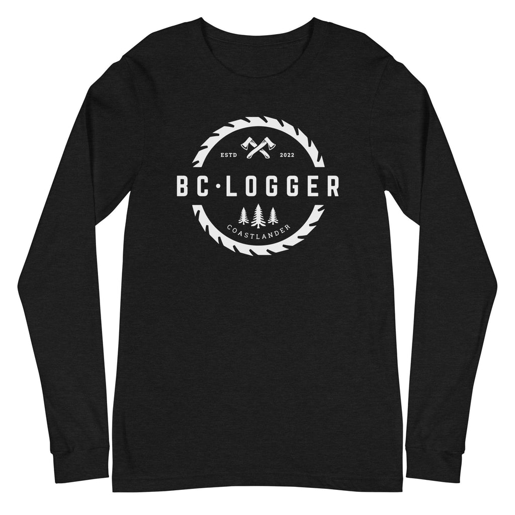 Design of BC Logger - Unisex Long Sleeve Tee - North Island Home Delivery , the colour is Black Heather
