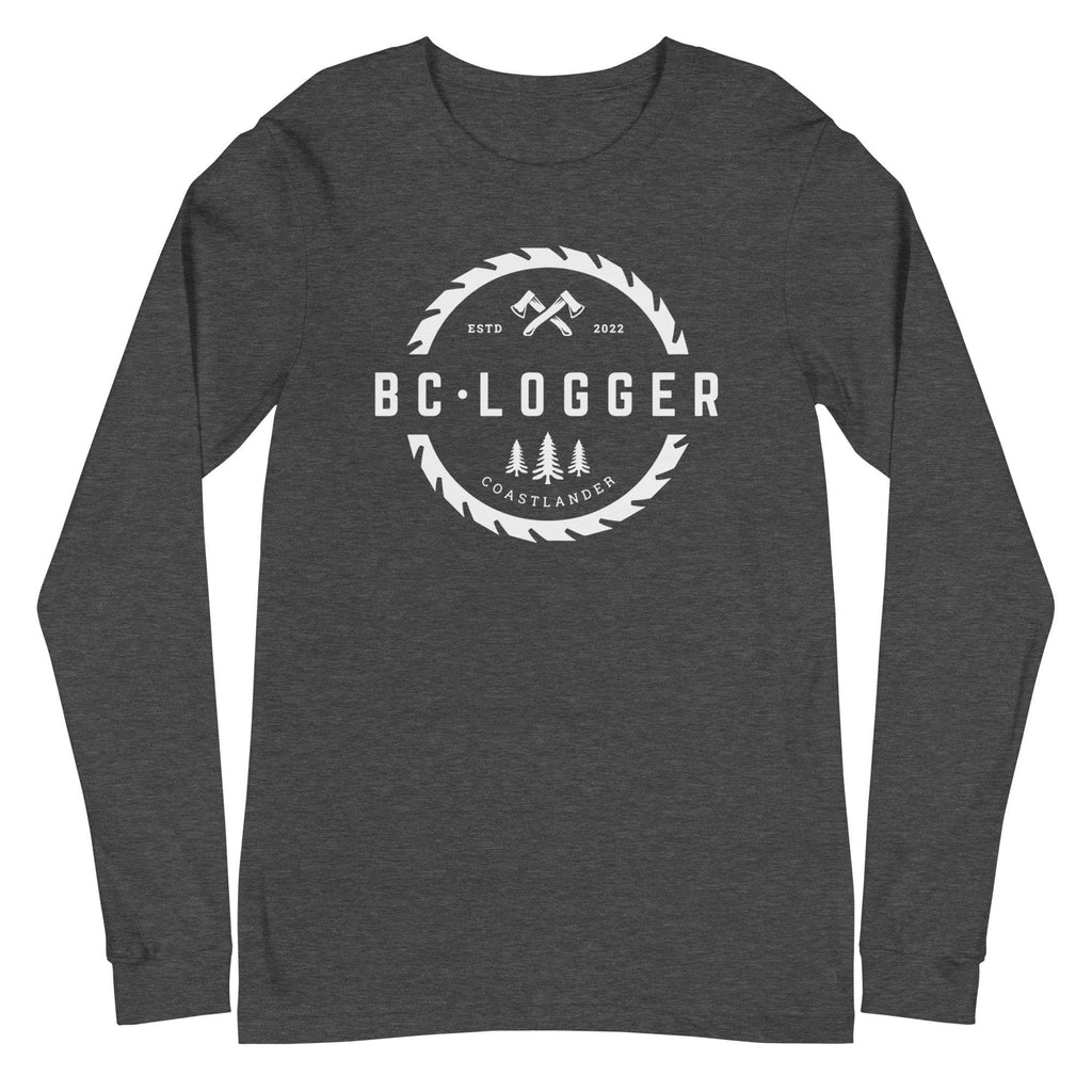 Design of BC Logger - Unisex Long Sleeve Tee - North Island Home Delivery , the colour is Dark Grey Heather