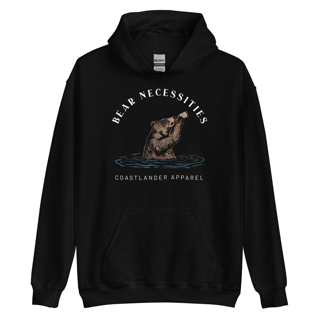 Design of Bear Necessities - Bear Drinking Lucky Beer - Unisex Hoodie , the colour is Black
