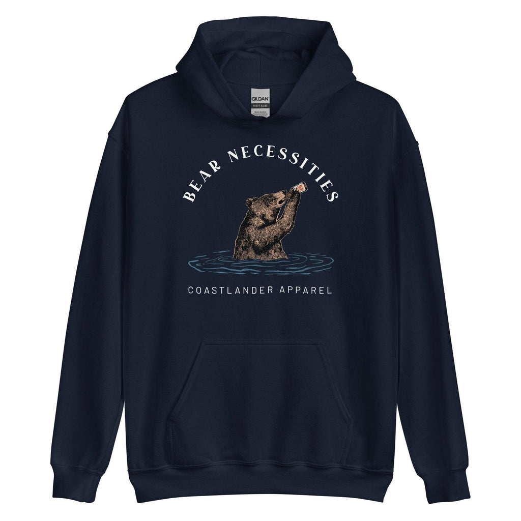 Design of Bear Necessities - Bear Drinking Lucky Beer - Unisex Hoodie , the colour is Navy
