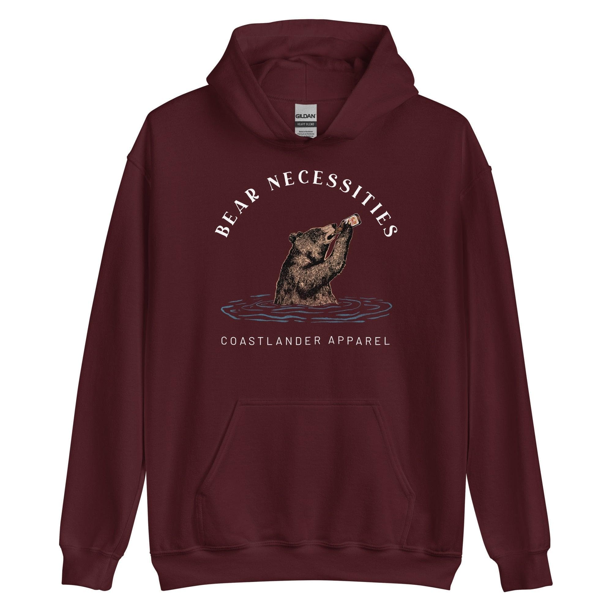 Design of Bear Necessities - Bear Drinking Lucky Beer - Unisex Hoodie , the colour is Maroon