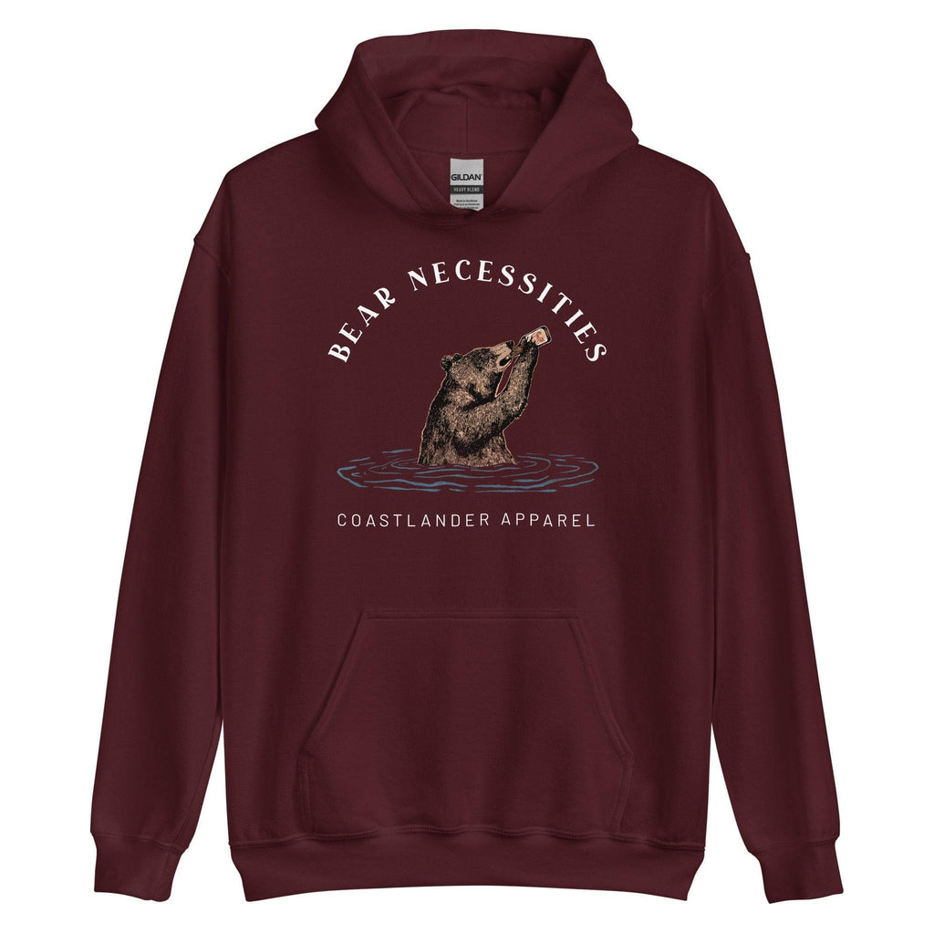 Design of Bear Necessities - Bear Drinking Lucky Beer - Unisex Hoodie , the colour is Maroon