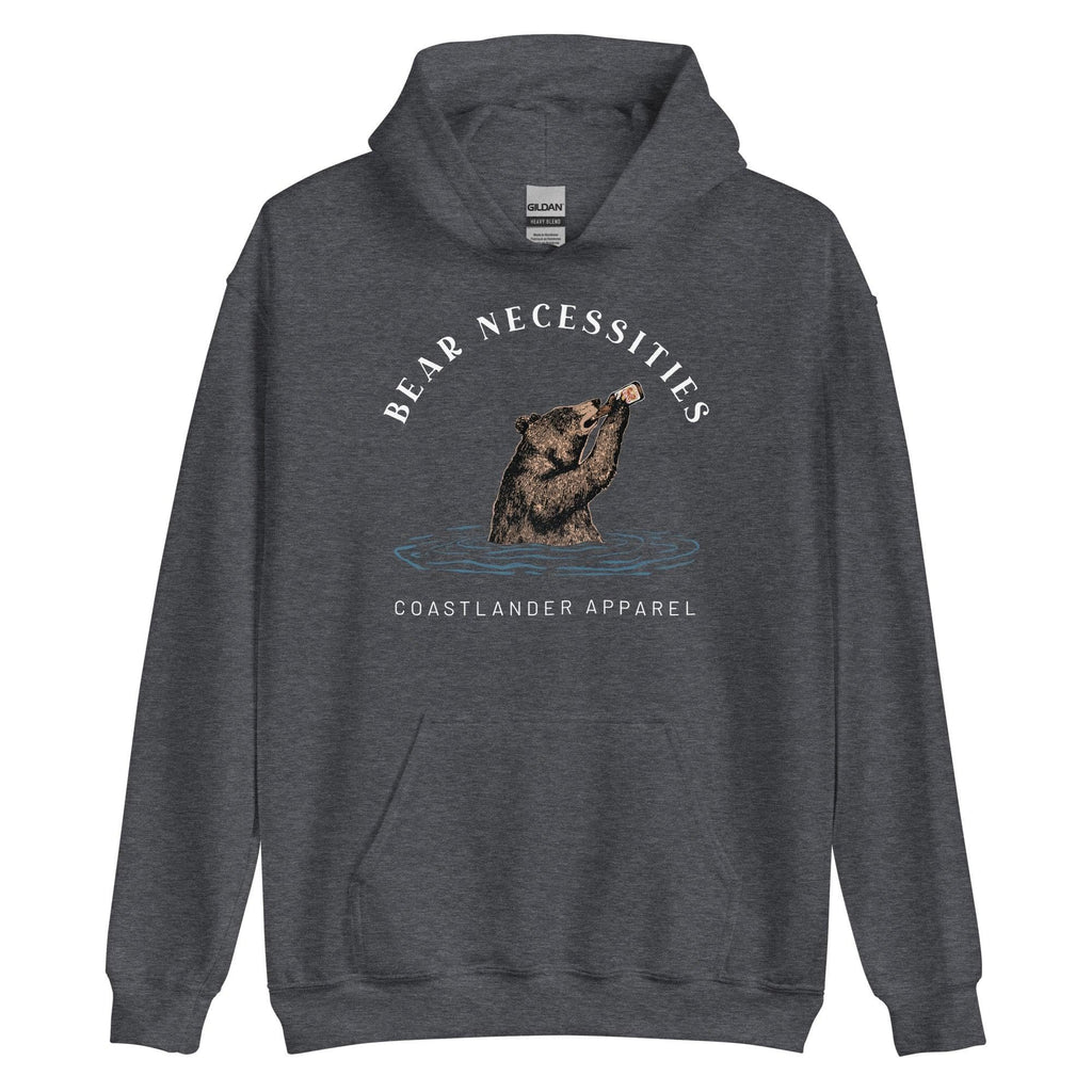 Design of Bear Necessities - Bear Drinking Lucky Beer - Unisex Hoodie , the colour is Dark Heather