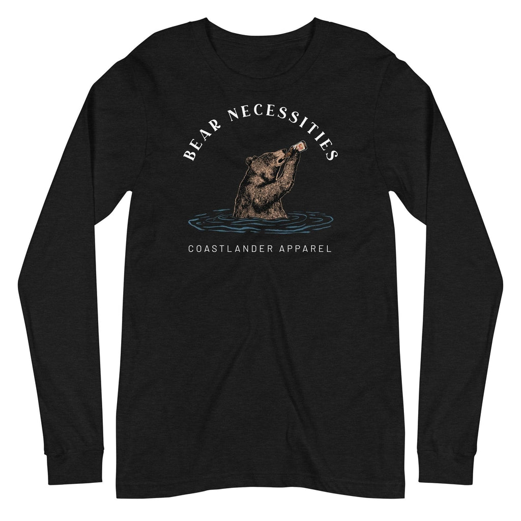 Design of Bear Necessities - Bear Drinking Lucky Beer - Unisex Long Sleeve Tee , the colour is Black Heather