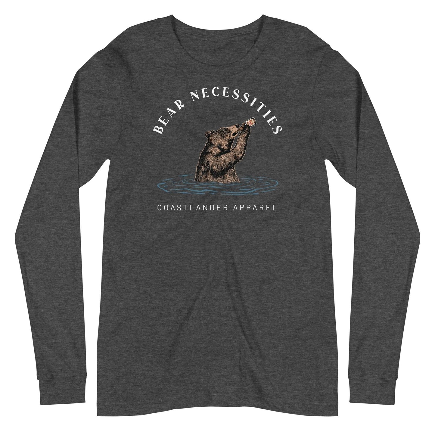 Design of Bear Necessities - Bear Drinking Lucky Beer - Unisex Long Sleeve Tee , the colour is Dark Grey Heather
