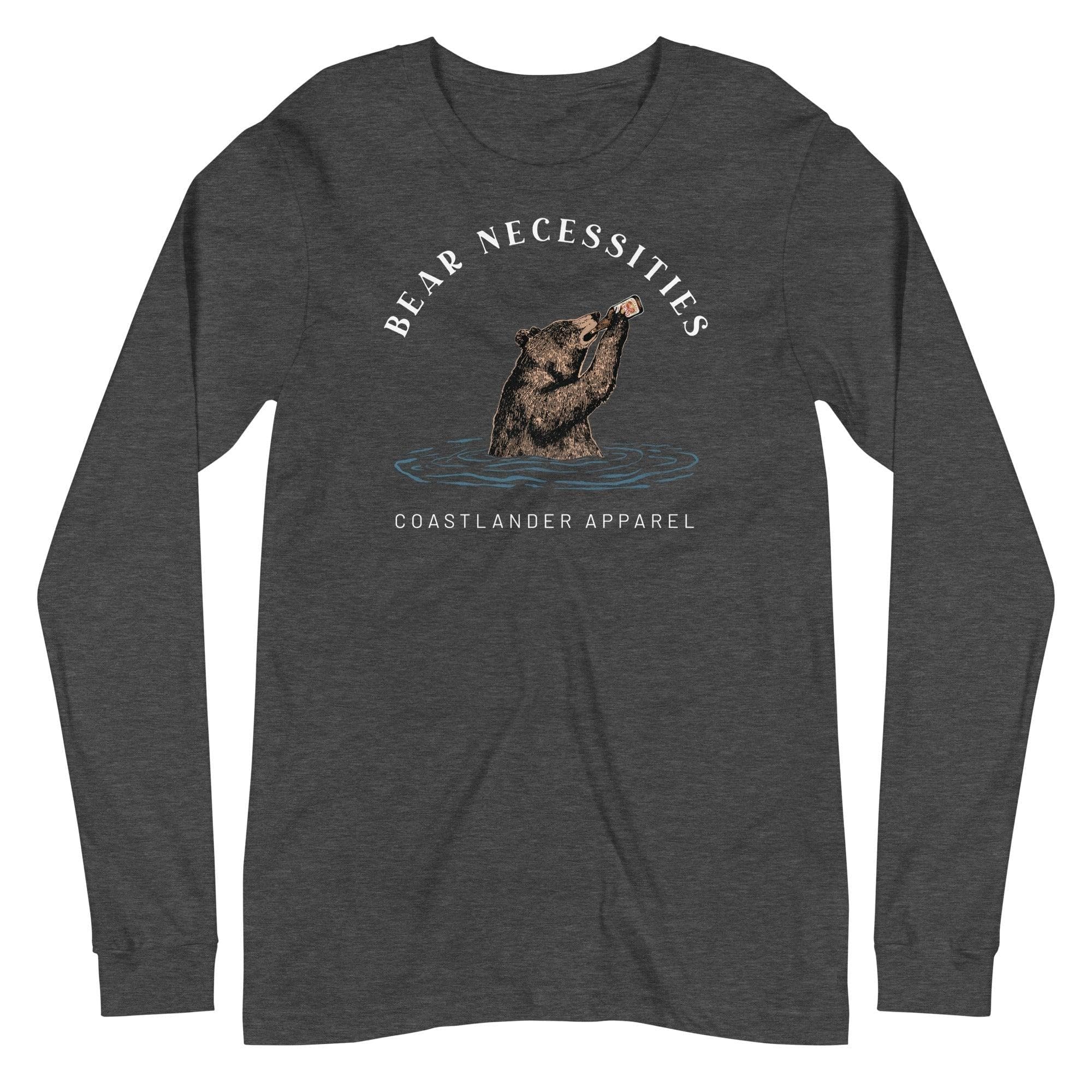 Design of Bear Necessities - Bear Drinking Lucky Beer - Unisex Long Sleeve Tee , the colour is Dark Grey Heather