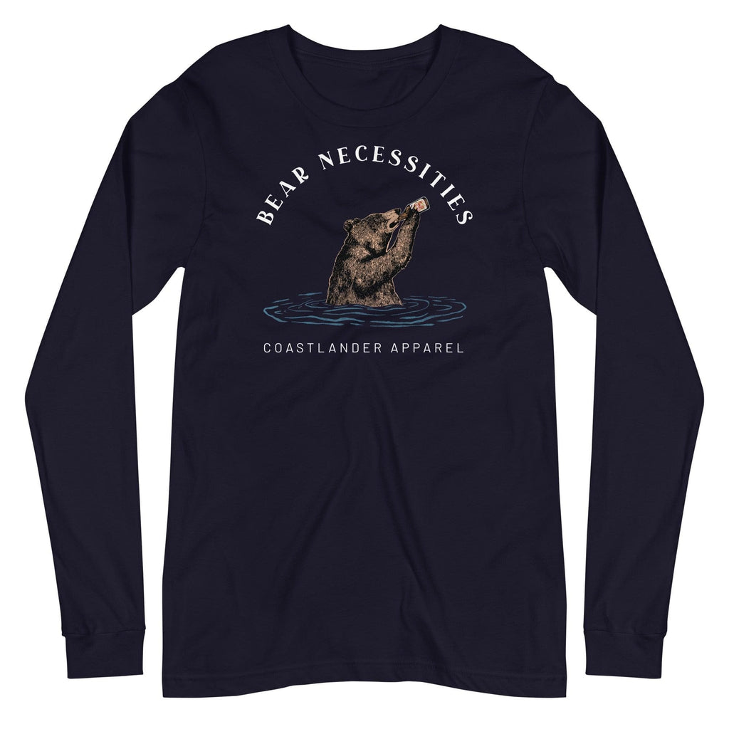 Design of Bear Necessities - Bear Drinking Lucky Beer - Unisex Long Sleeve Tee , the colour is Navy