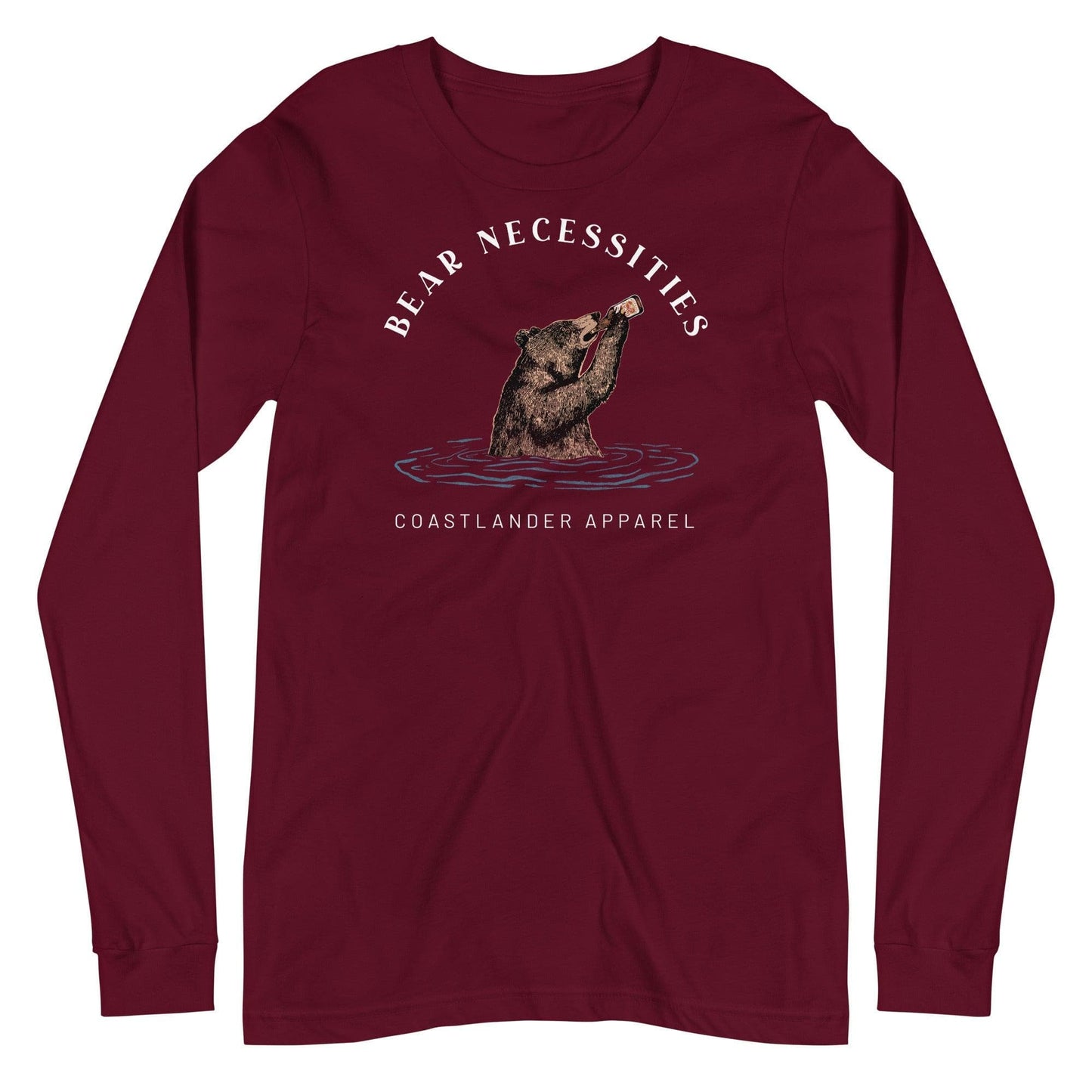 Design of Bear Necessities - Bear Drinking Lucky Beer - Unisex Long Sleeve Tee , the colour is Maroon