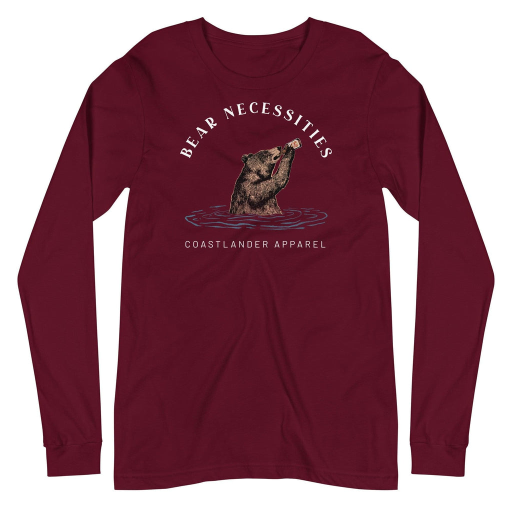 Design of Bear Necessities - Bear Drinking Lucky Beer - Unisex Long Sleeve Tee , the colour is Maroon