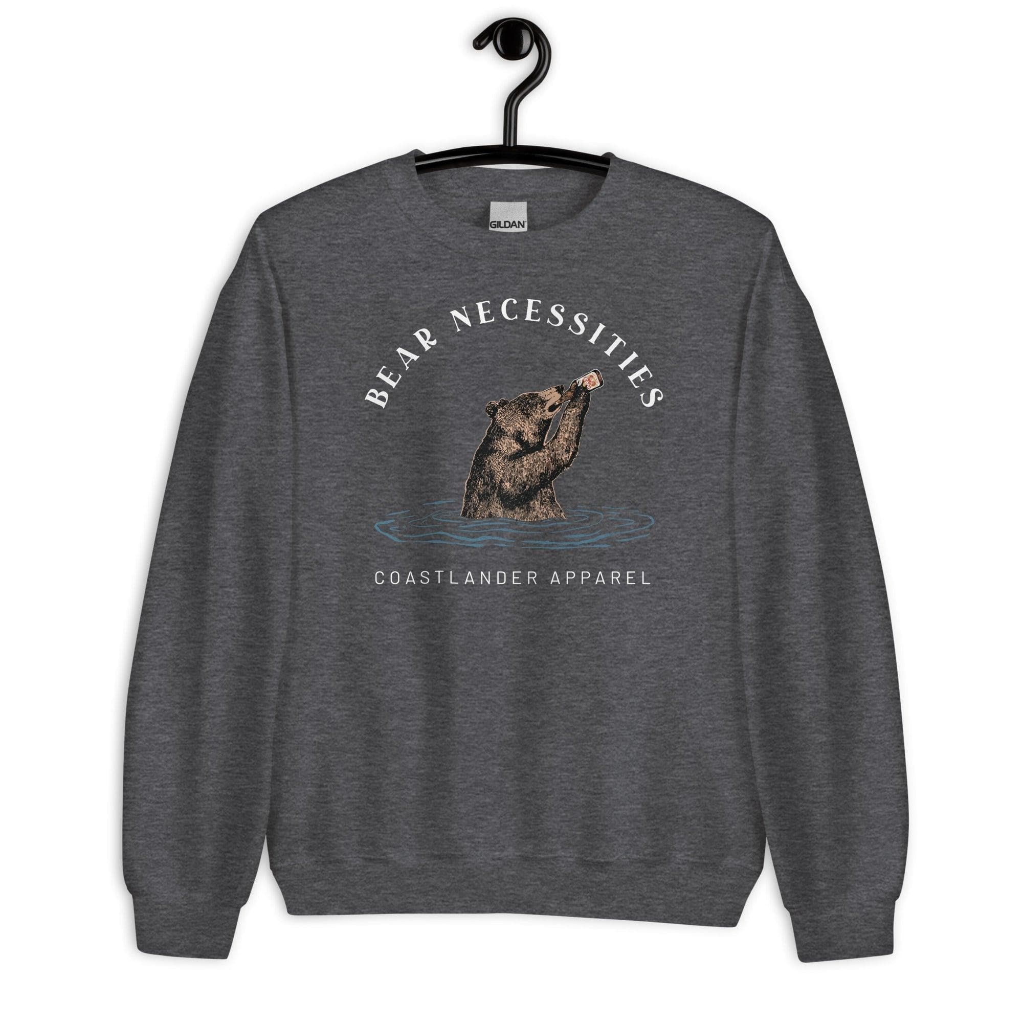 Design of Bear Necessities - Bear Drinking Lucky Beer - Unisex Sweatshirt , the colour is Dark Heather