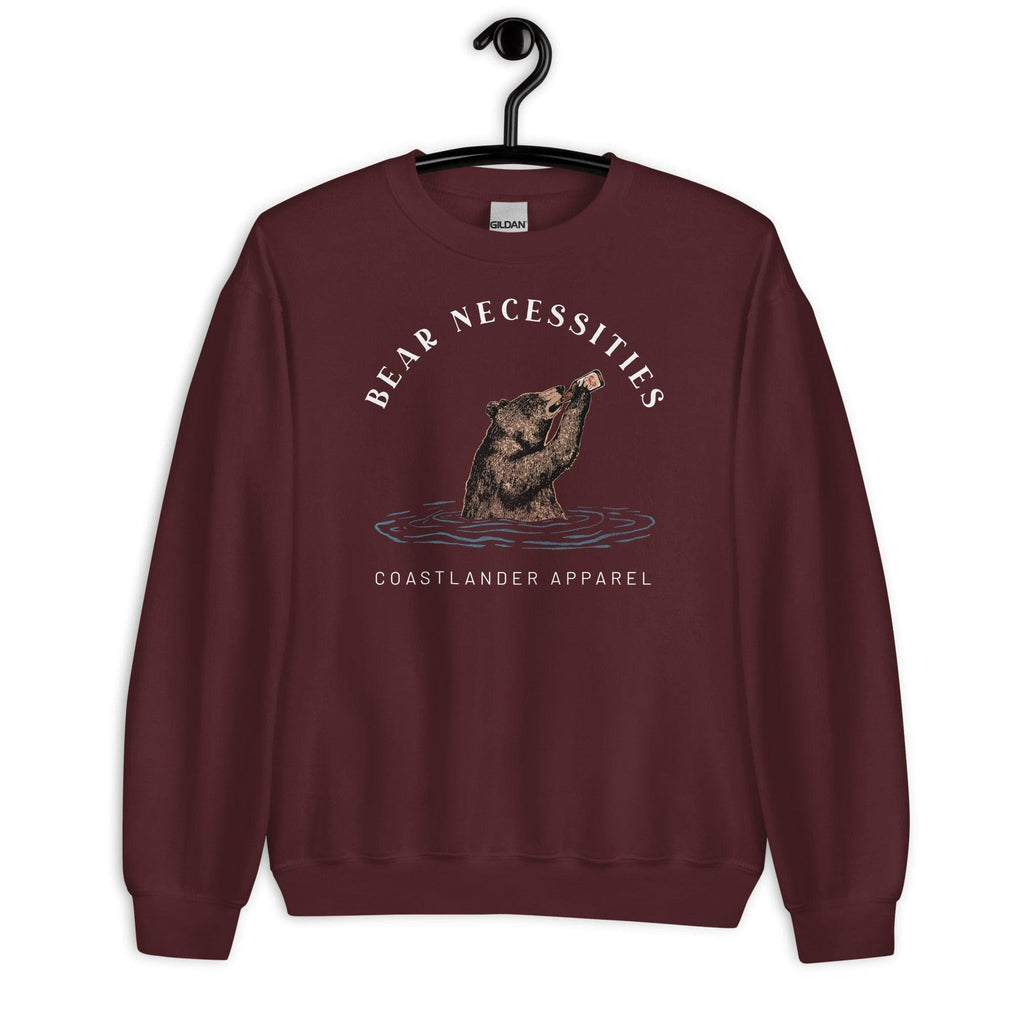 Design of Bear Necessities - Bear Drinking Lucky Beer - Unisex Sweatshirt , the colour is Maroon