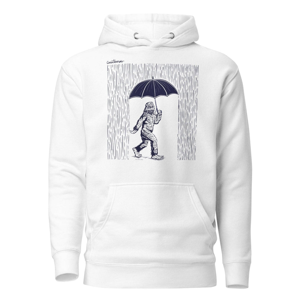 Design of Big Foot in Rain - Unisex Hoodie , the colour is White