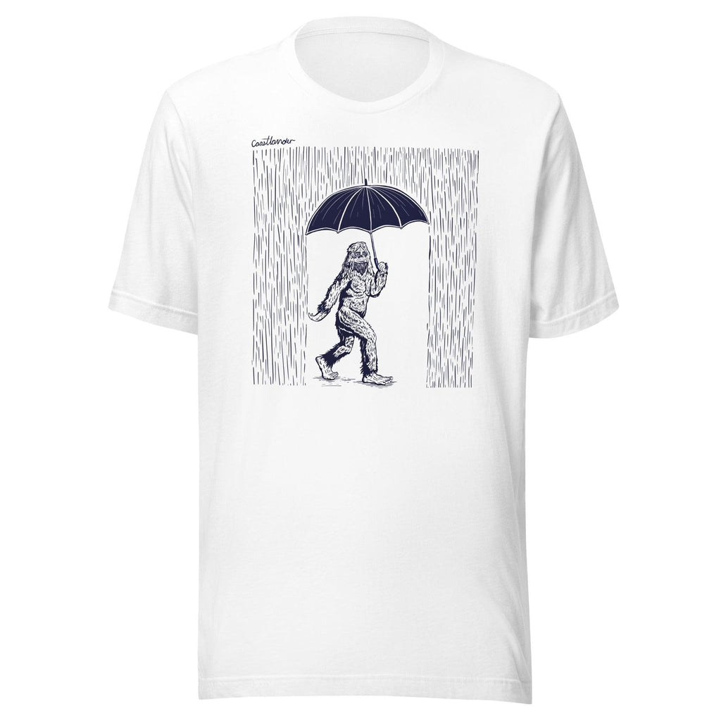 Design of Big Foot in Rain - Unisex t-shirt , the colour is White