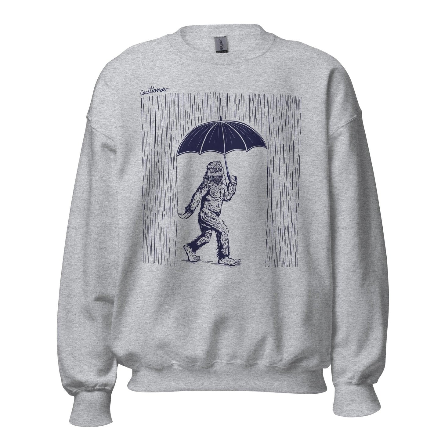 Design of Bigfoot with Umbrella in Rain - Unisex Sweatshirt , the colour is Sport Grey