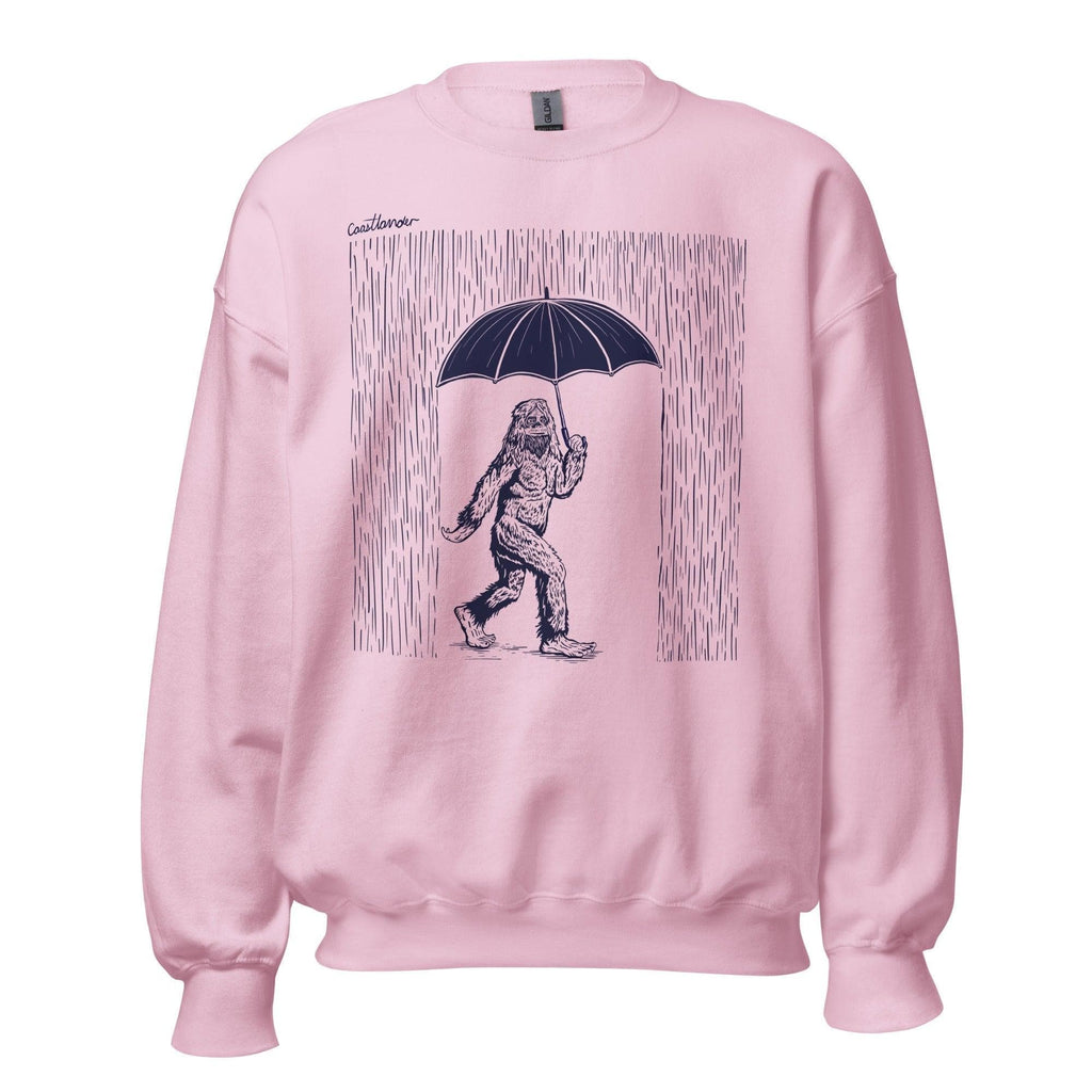 Design of Bigfoot with Umbrella in Rain - Unisex Sweatshirt , the colour is Light Pink