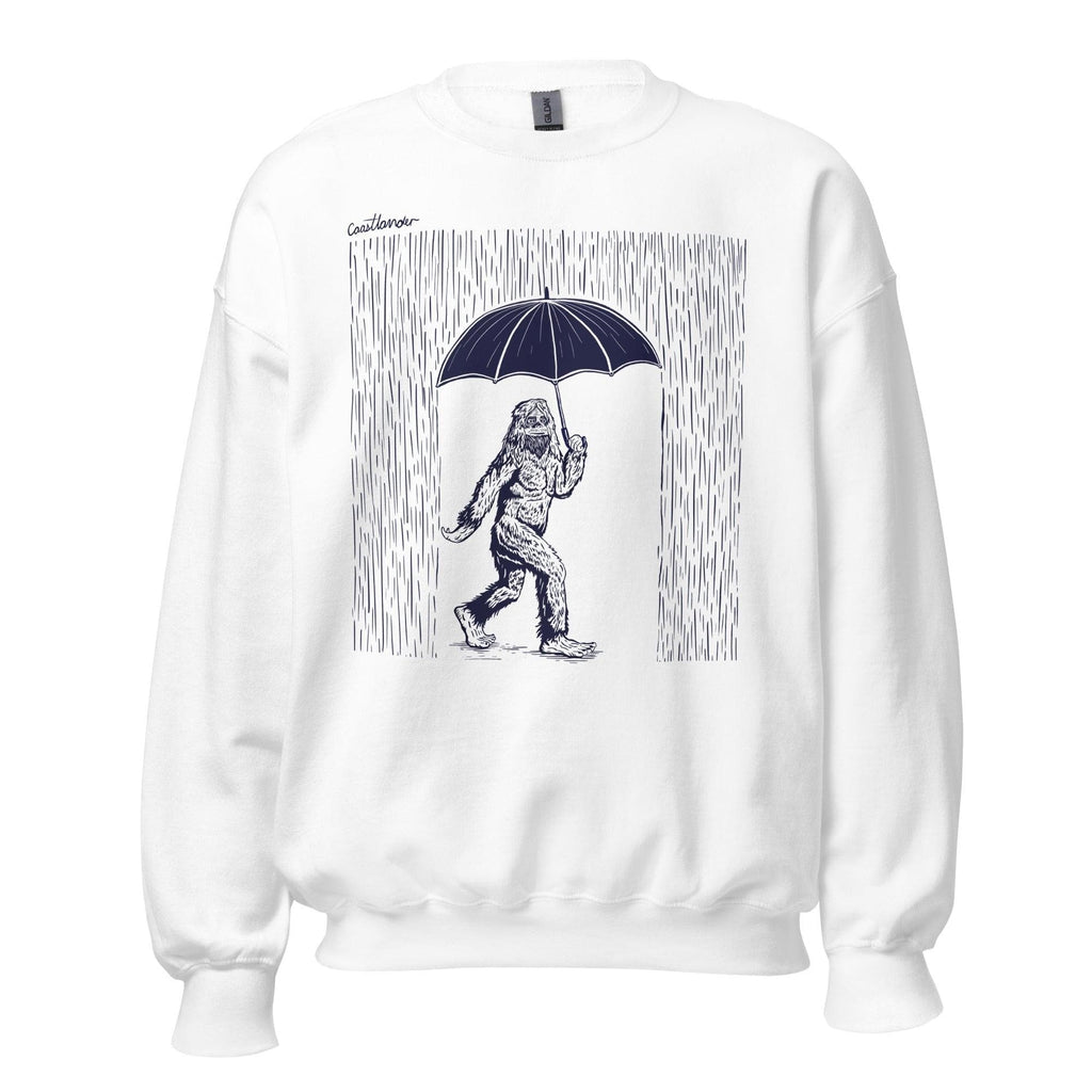 Design of Bigfoot with Umbrella in Rain - Unisex Sweatshirt , the colour is White