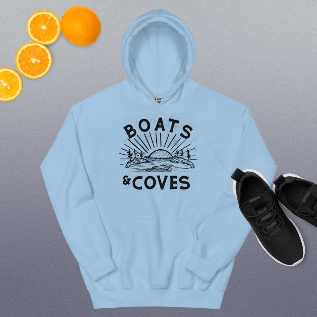 Design of Boats and Coves - Unisex Hoodie , the colour is Light Blue