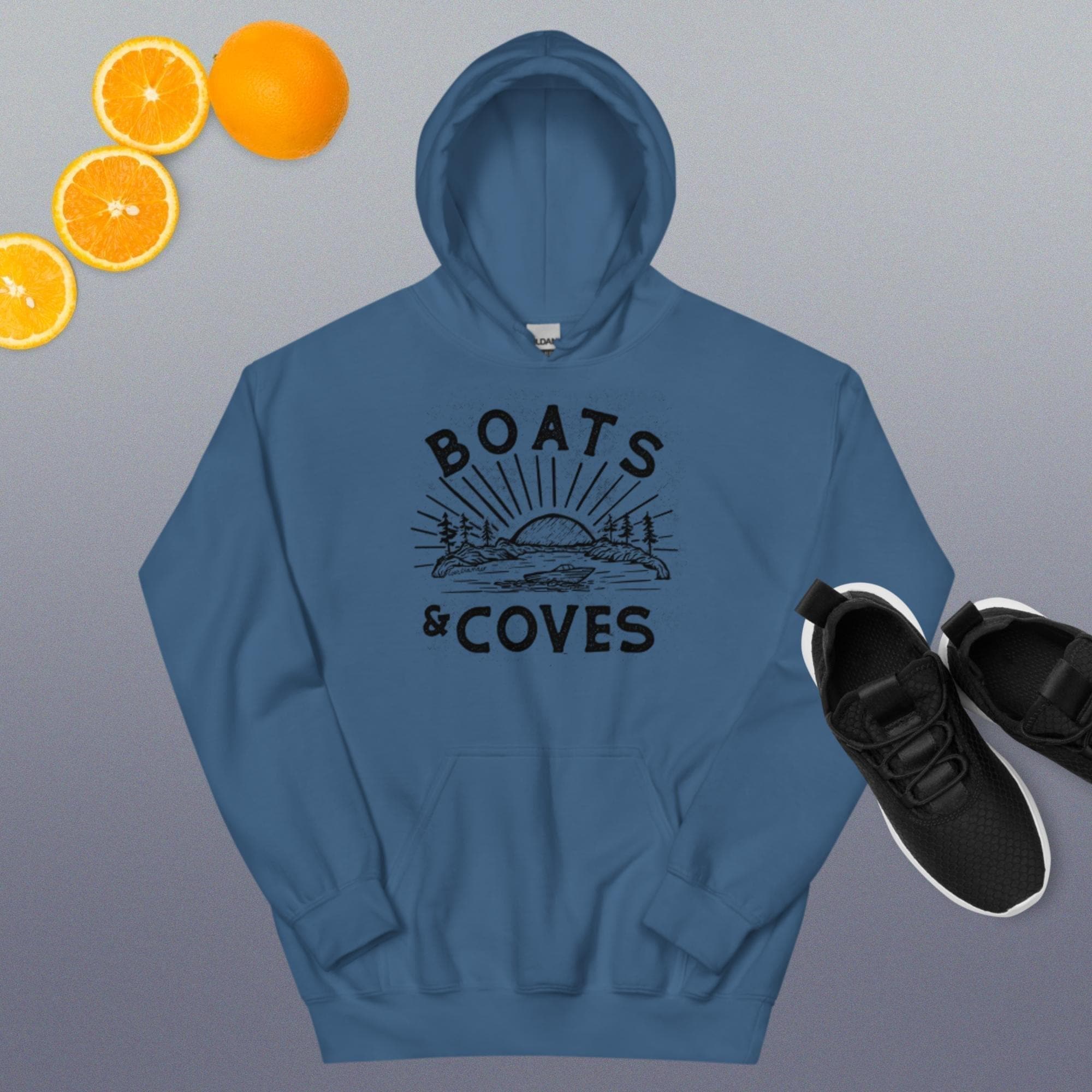 Design of Boats and Coves - Unisex Hoodie , the colour is Indigo Blue