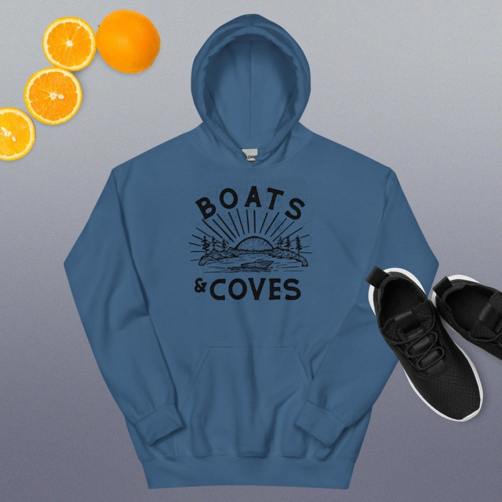 Design of Boats and Coves - Unisex Hoodie , the colour is Indigo Blue