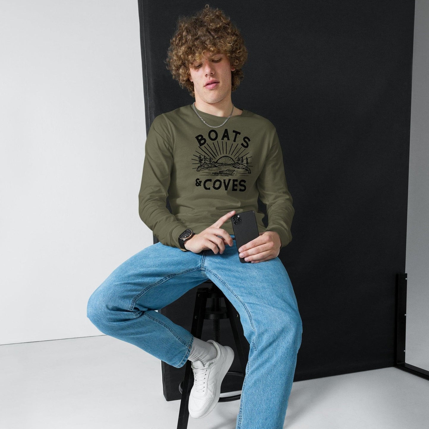 Design of Boats and Coves - Unisex Long Sleeve Tee , the colour is Military Green