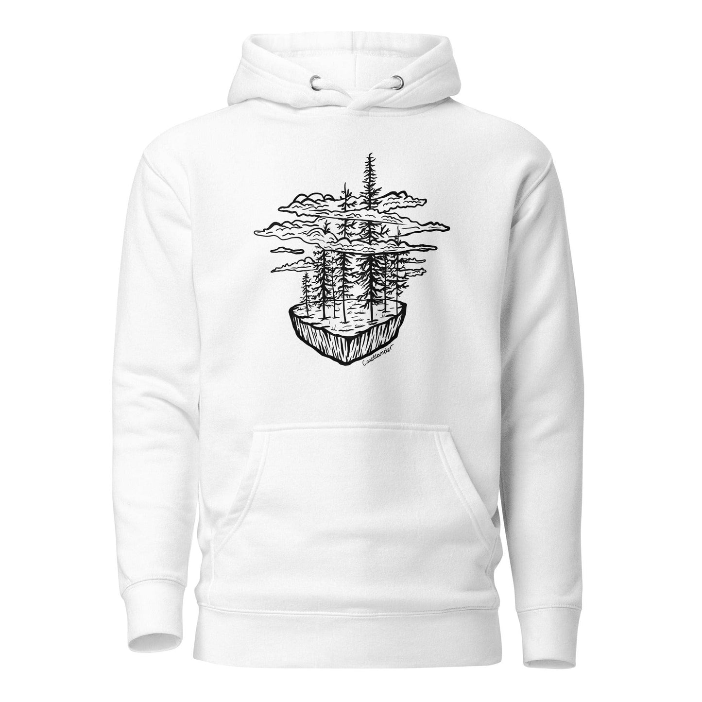 Design of Clouds & Trees - Black - Unisex Hoodie , the colour is White