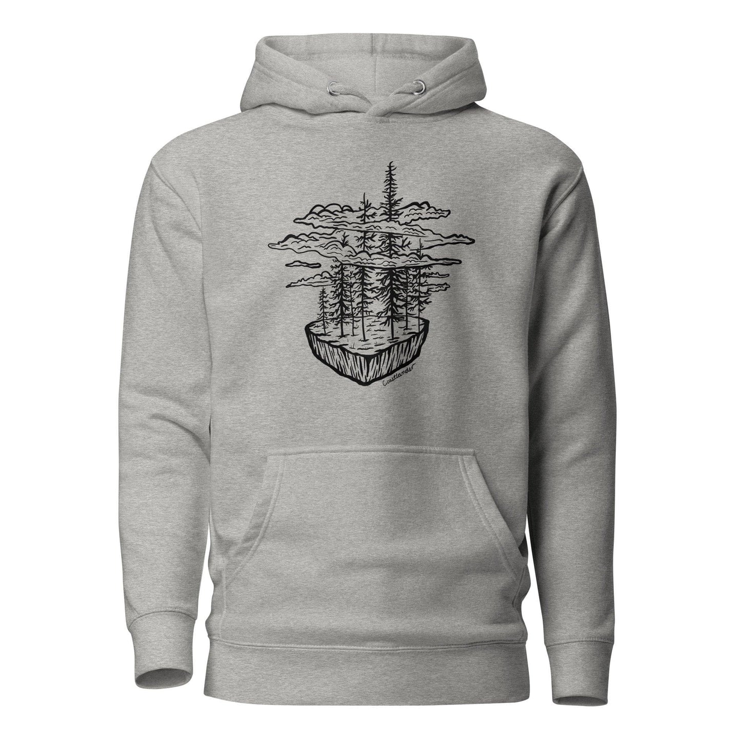 Design of Clouds & Trees - Black - Unisex Hoodie , the colour is Carbon Grey