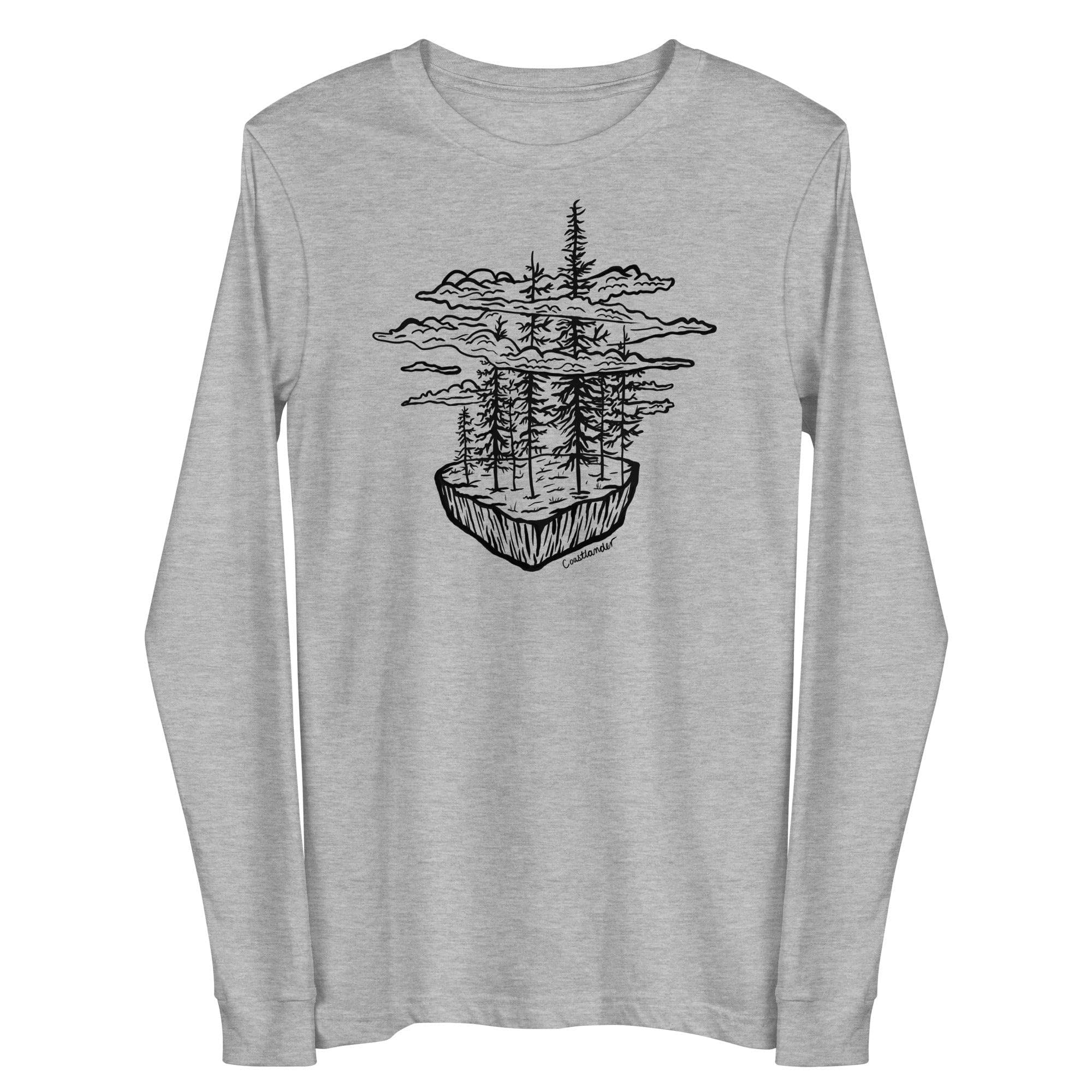 Design of Clouds & Trees - Black - Unisex Long Sleeve Tee , the colour is Athletic Heather