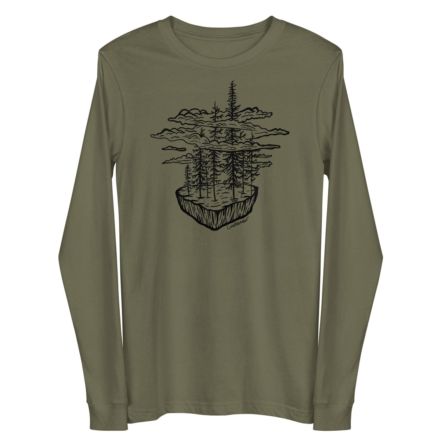 Design of Clouds & Trees - Black - Unisex Long Sleeve Tee , the colour is Military Green