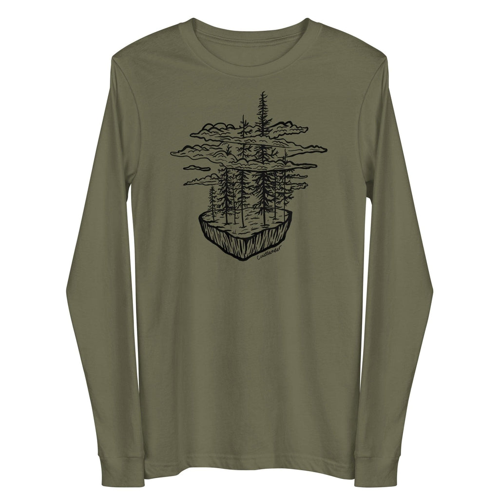 Design of Clouds & Trees - Black - Unisex Long Sleeve Tee , the colour is Military Green