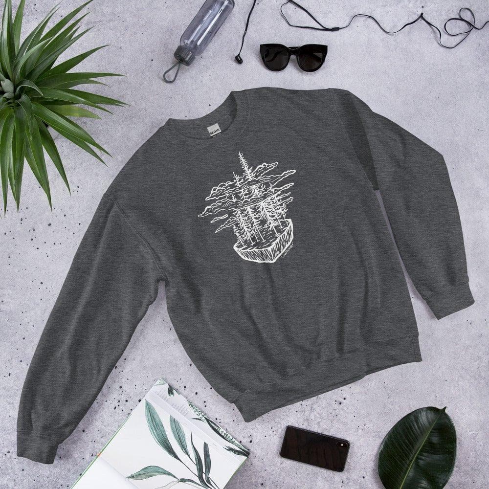 Design of Clouds & Trees - Unisex Sweatshirt , the colour is Dark Heather