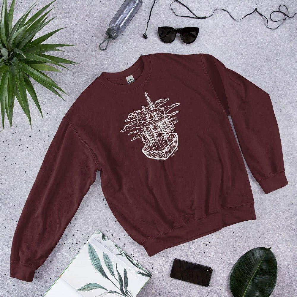 Design of Clouds & Trees - Unisex Sweatshirt , the colour is Maroon