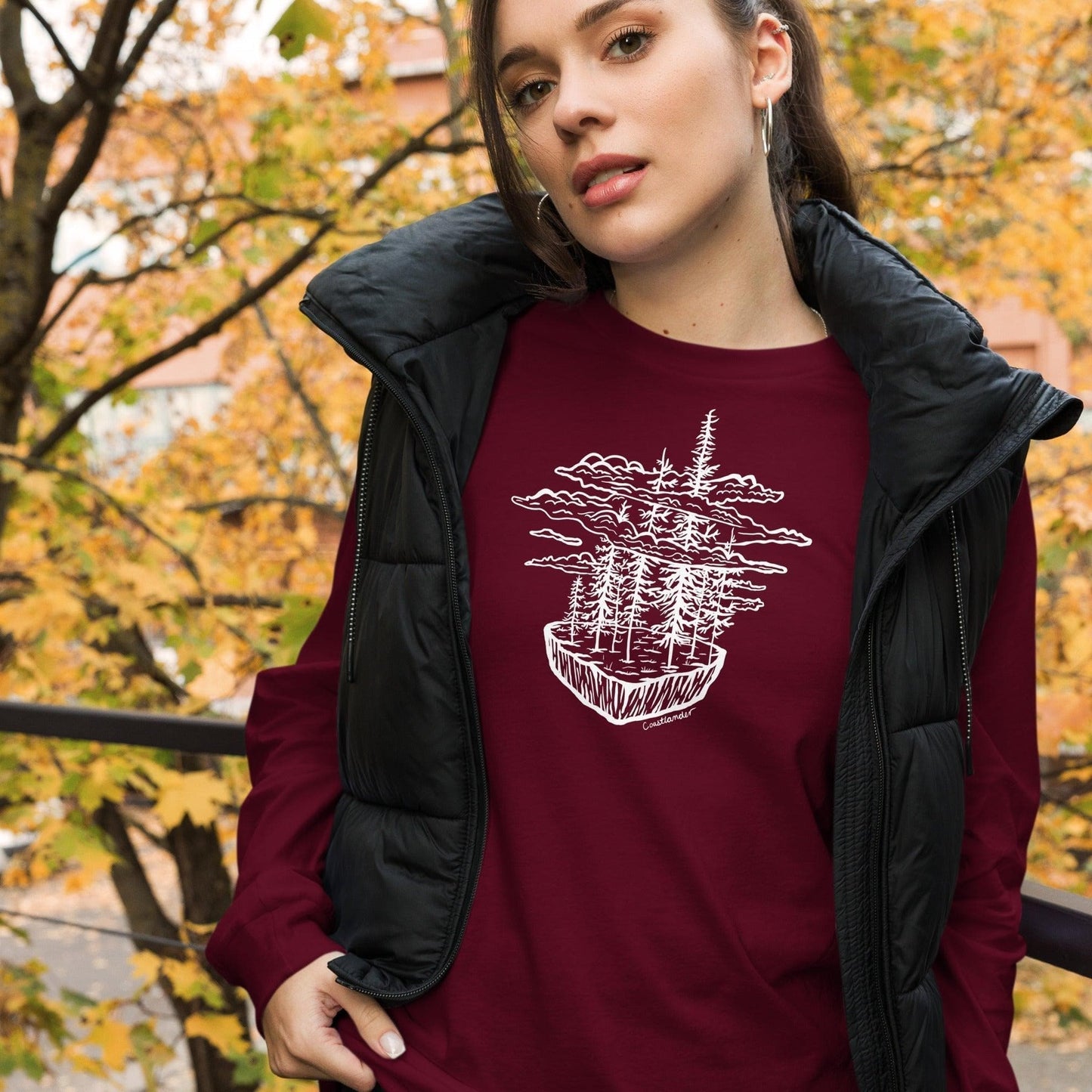 Design of Clouds & Trees - White - Unisex Long Sleeve Tee , the colour is Maroon