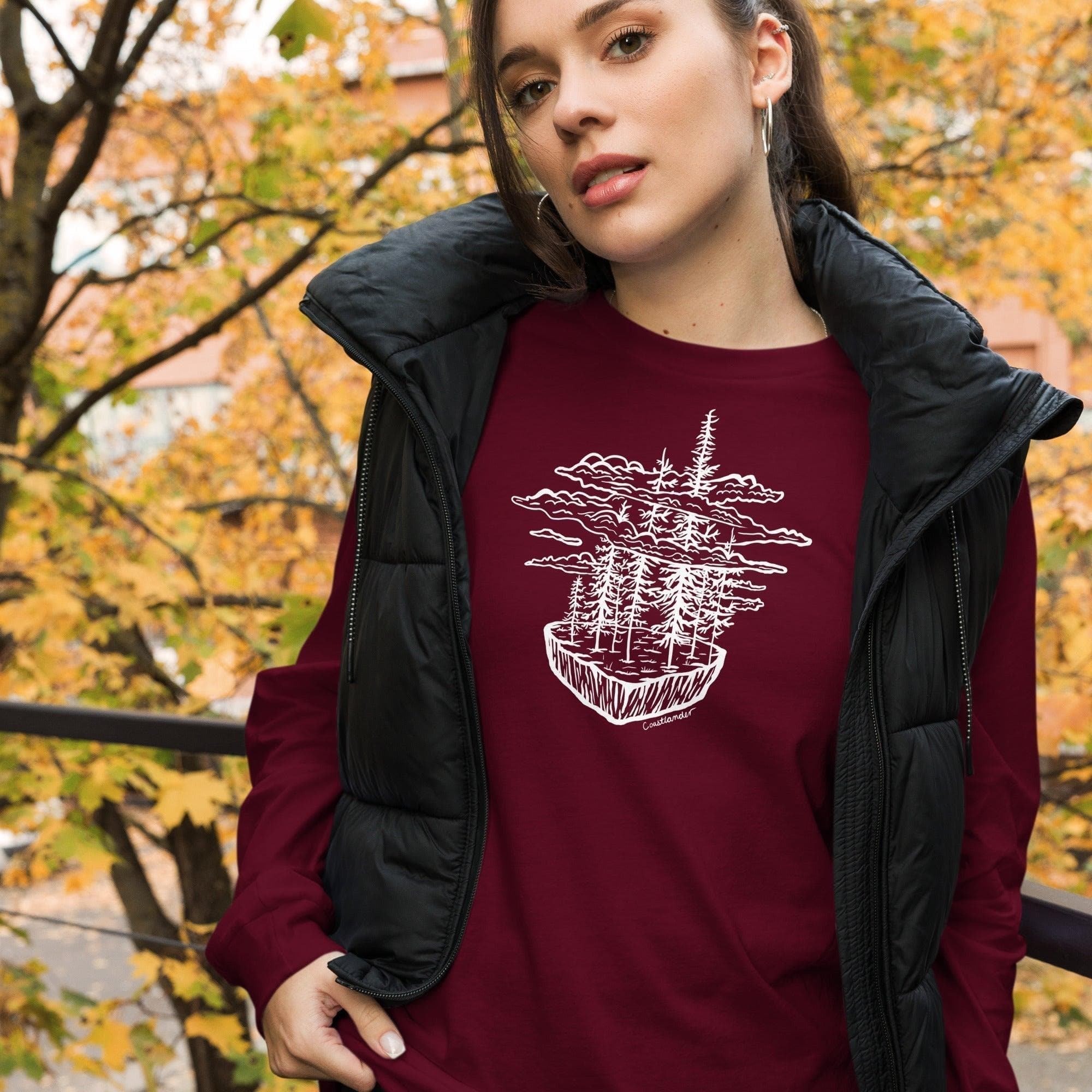Design of Clouds & Trees - White - Unisex Long Sleeve Tee , the colour is Maroon