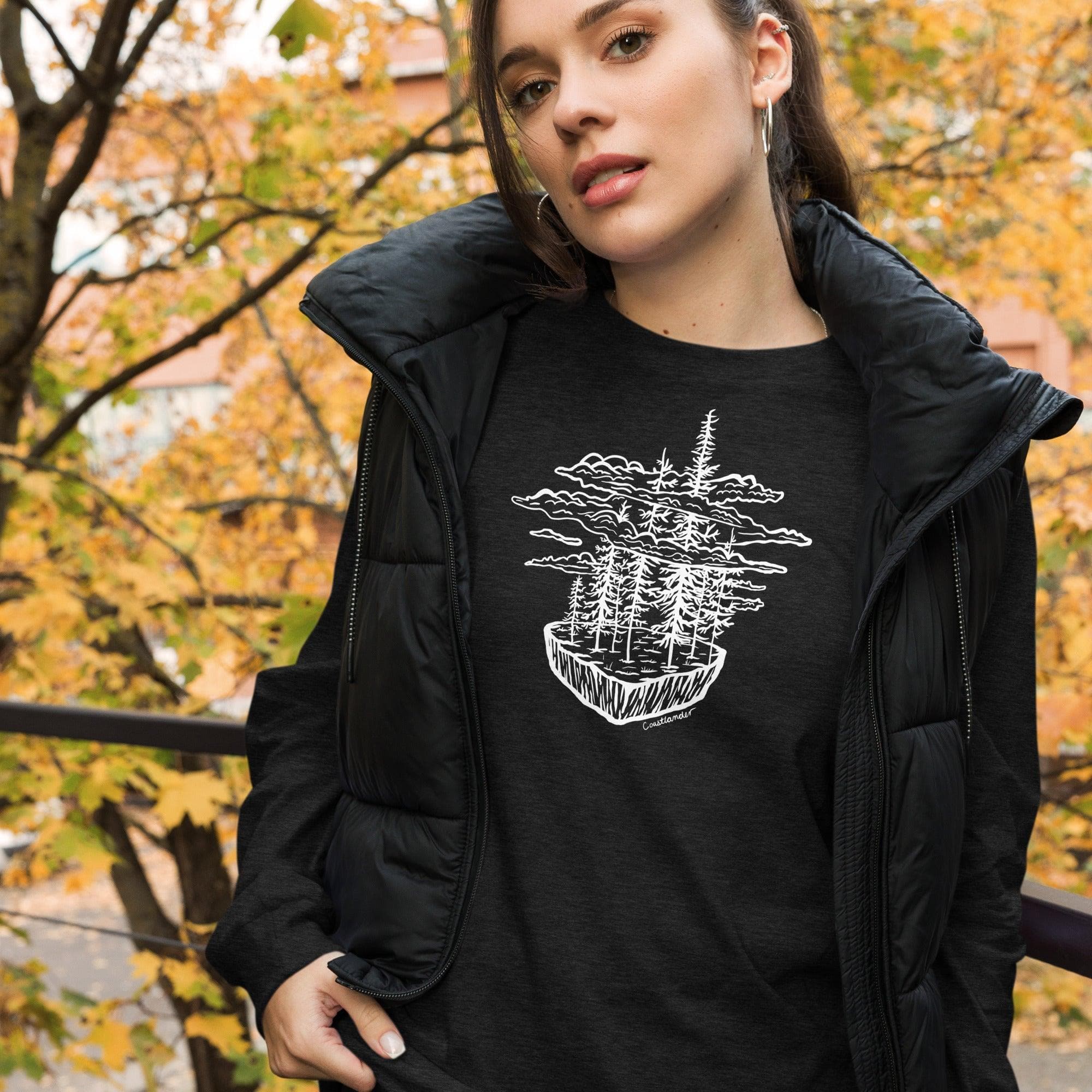 Design of Clouds & Trees - White - Unisex Long Sleeve Tee , the colour is Black Heather