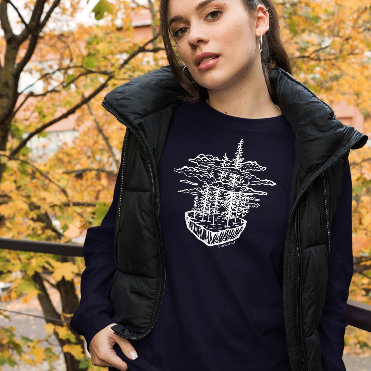 Design of Clouds & Trees - White - Unisex Long Sleeve Tee , the colour is Navy