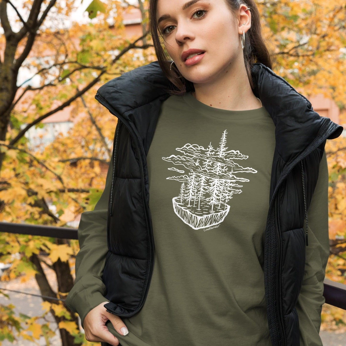 Design of Clouds & Trees - White - Unisex Long Sleeve Tee , the colour is Military Green