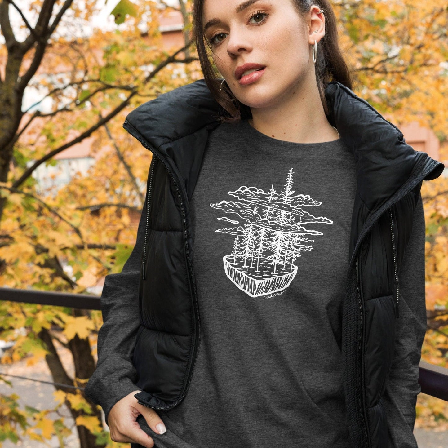 Design of Clouds & Trees - White - Unisex Long Sleeve Tee , the colour is Dark Grey Heather