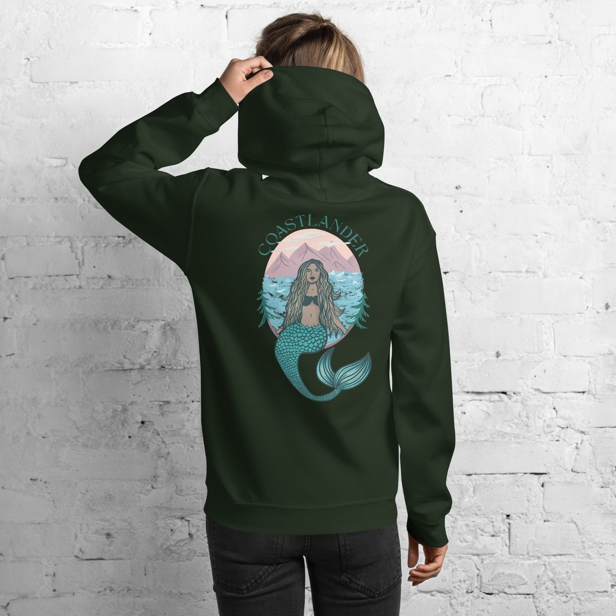 Design of Coastlander Mermaid Design - Unisex Hoodie , the colour is Forest Green