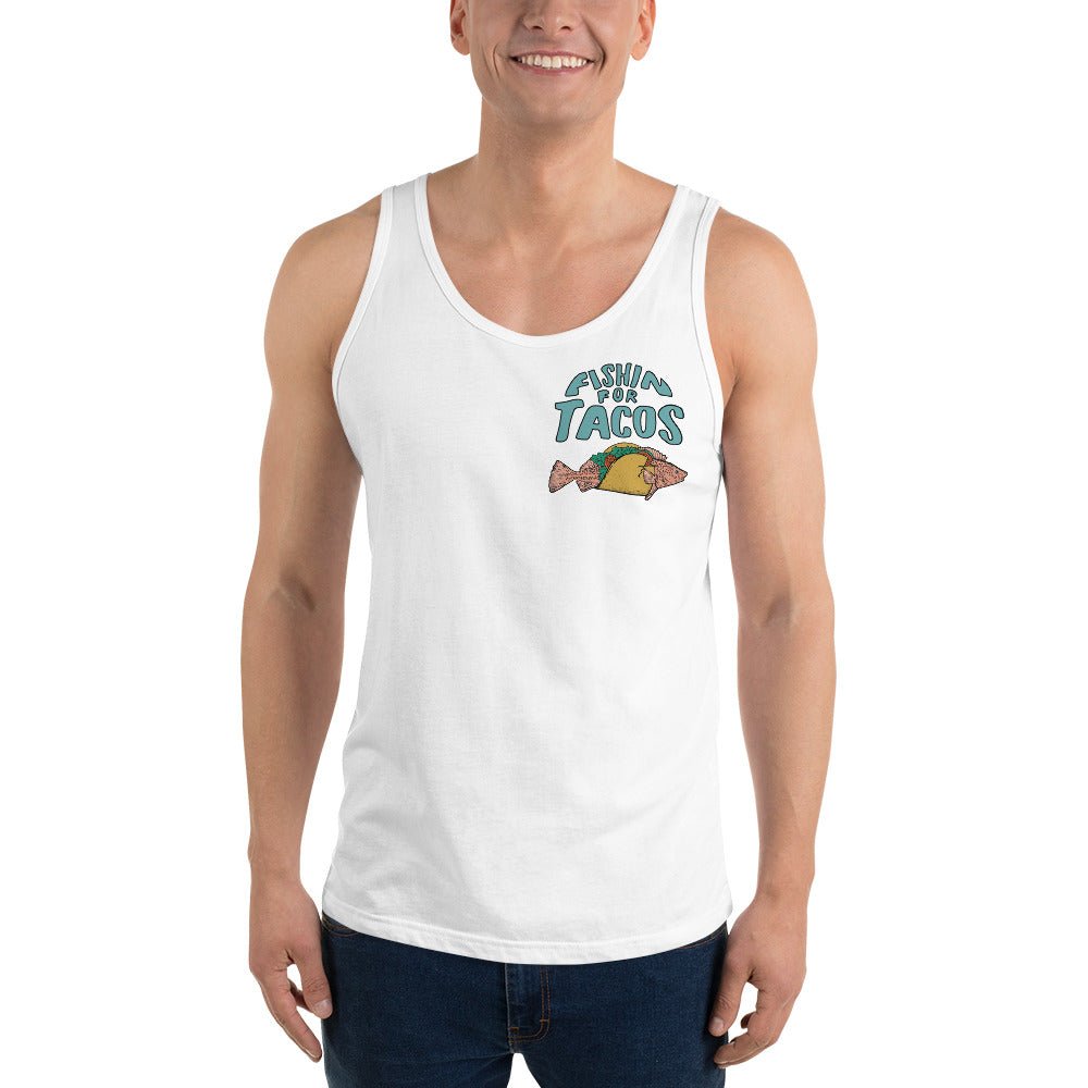 Design of Fishin For Tacos - Men's Tank Top , the colour is White