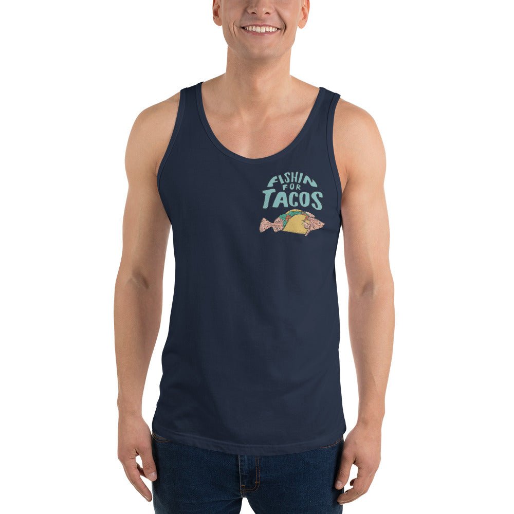 Design of Fishin For Tacos - Men's Tank Top , the colour is Navy