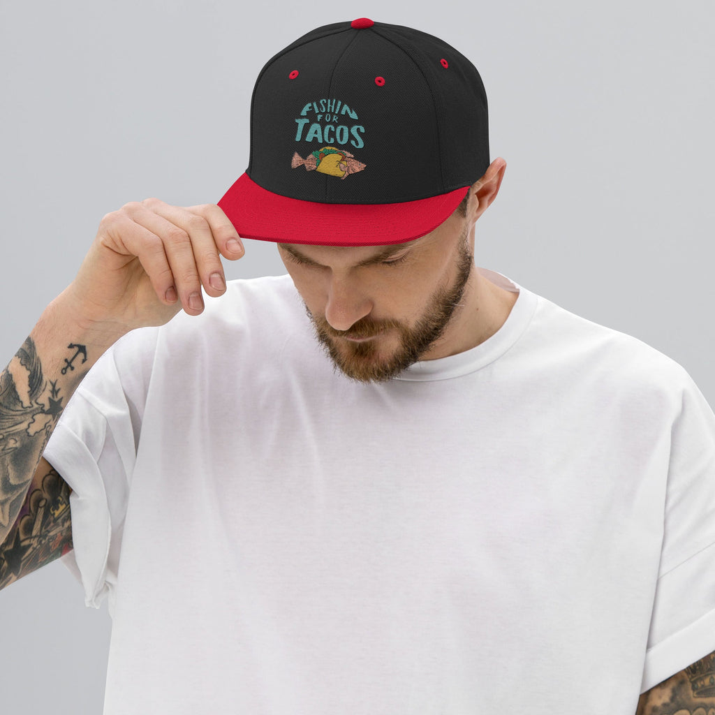 Design of Fishin For Tacos - Snapback Hat , the colour is Black Red