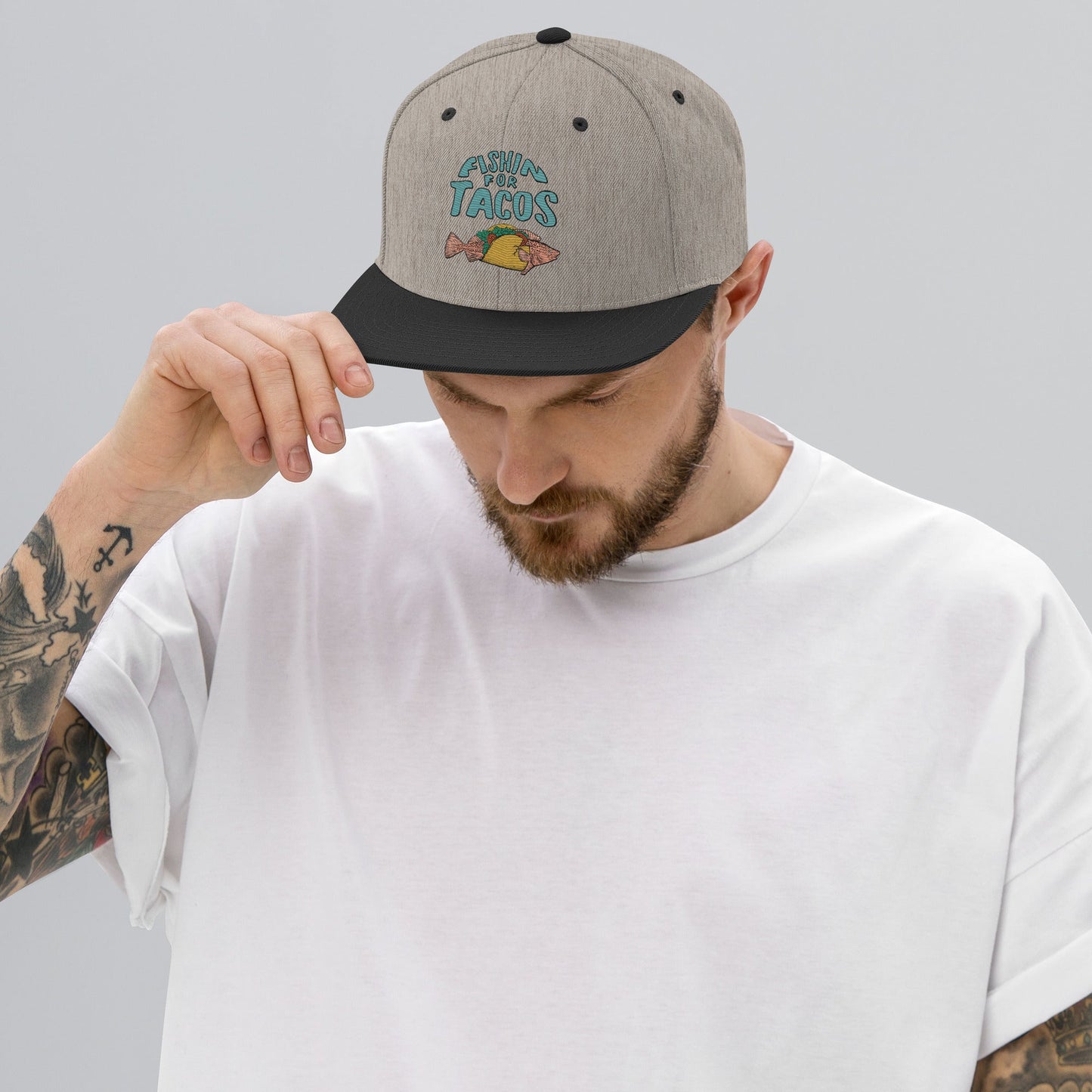Design of Fishin For Tacos - Snapback Hat , the colour is Heather Black