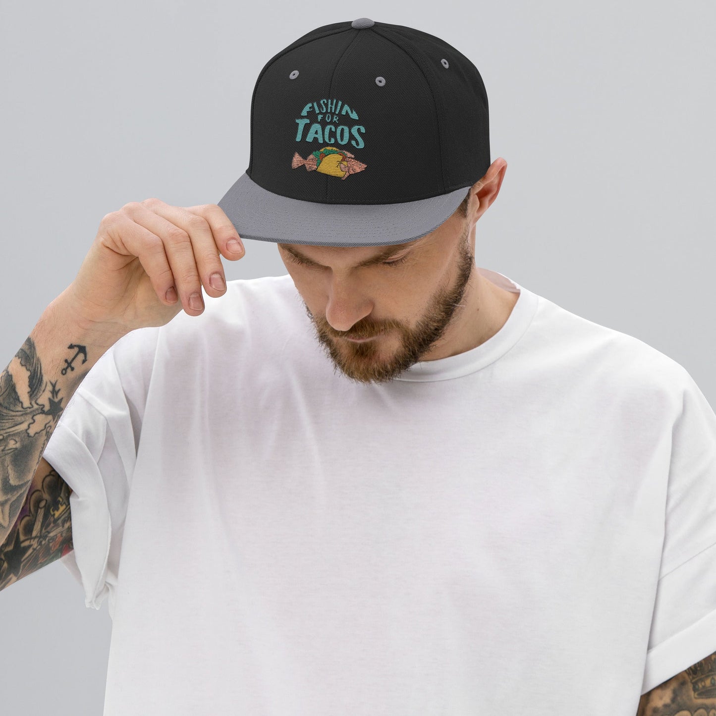 Design of Fishin For Tacos - Snapback Hat , the colour is Black Silver